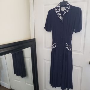 Vintage Karin Stevens Womens V Neck Short Sleeve Fit & Flare Blue White Dress